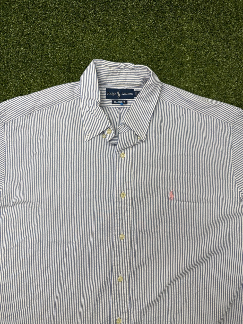 Ralph Lauren Mens Classic Fit Short Sleeve Button Down Blue White Stripe Cotton